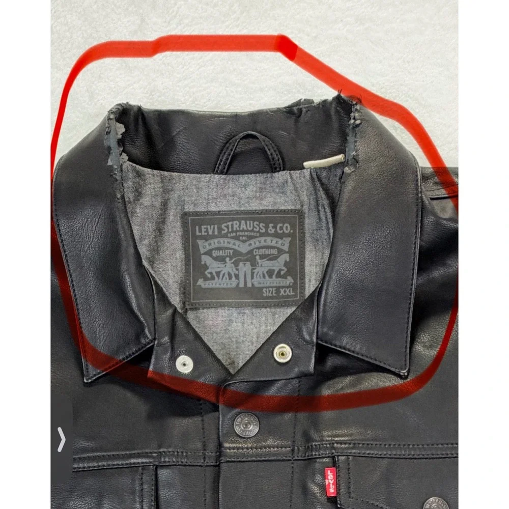 Levis Mens Black Faux Leather Trucker Jacket XXL Button Front - Picture 12 of 12
